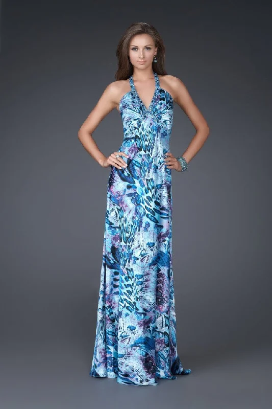 evening gown dressesLa Femme - Sleeveless Adorned Eclectic Pattern Gown 16270