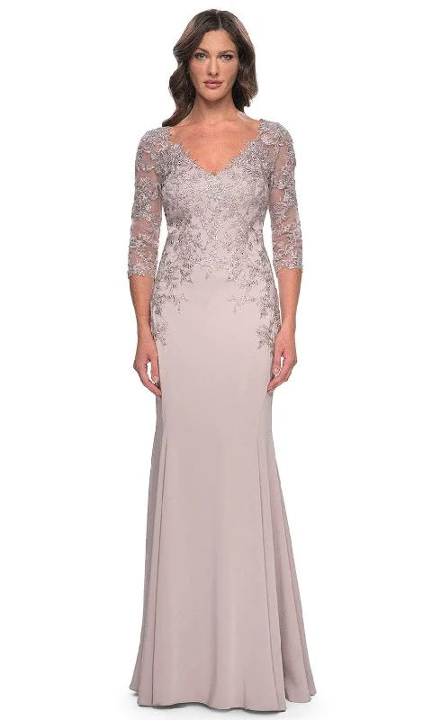 metallic gown dressesLa Femme 31194 - Quarter Sleeve V-Neck Gown