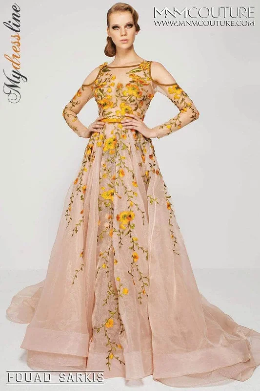 gown dresses with trainsMNM Couture 2401 - Long Sleeve Floral Embroidered Gown