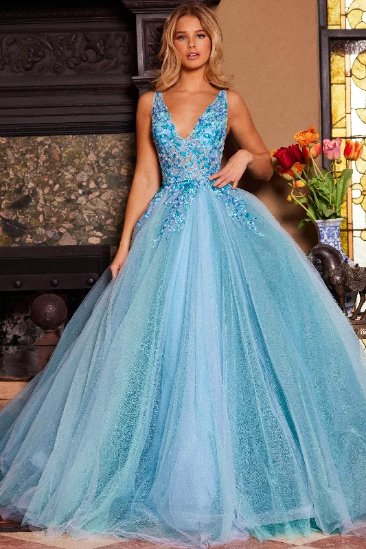 gown dress colors of the seasonJovani 23577 - Floral Lace V-Neck Ballgown