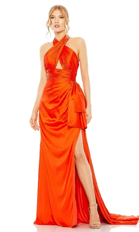 sequined gown dressesMac Duggal 68444 - Crisscross Satin Halter Sheath Gown