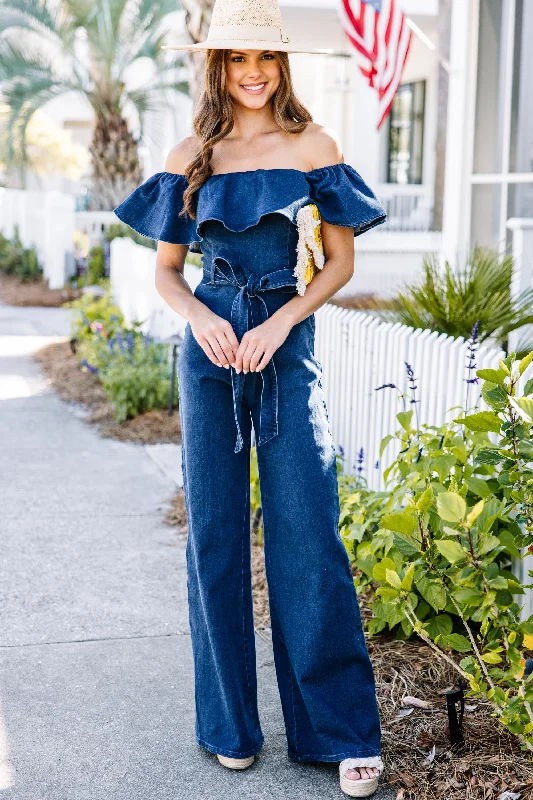 women's jumpsuits for loungingSay Yes Indigo Blue Ruffled Jumpsuit