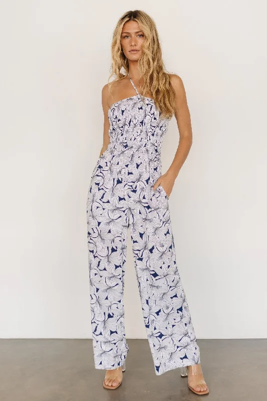 women's jumpsuits with cinched waistsSanta Ana Halter Jumpsuit | Navy + White