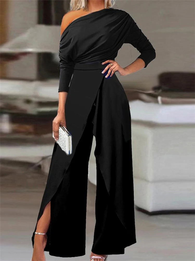 women's jumpsuits with belt loopsWomen's One Shoulder Asymmetrical Ruffled Fashion Designer Jumpsuits