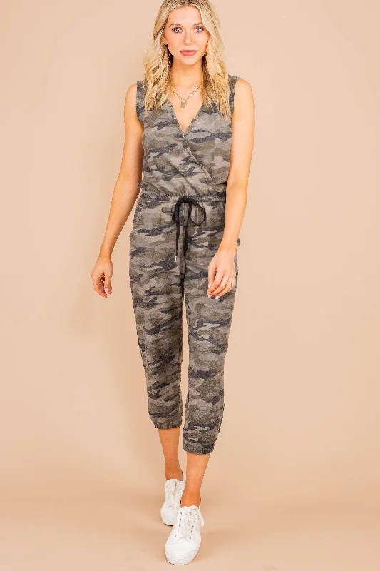 women's jumpsuits with neon colorsThis Is It Olive Green Camo Jumpsuit