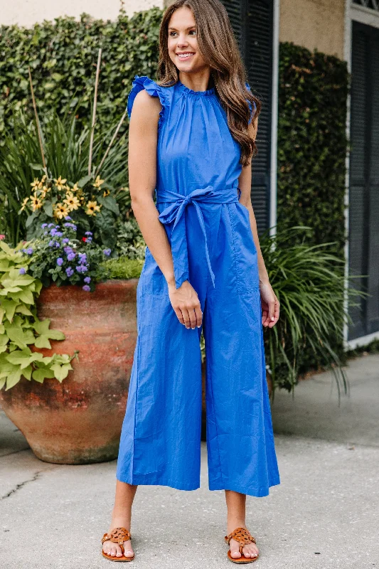 women's jumpsuits for weddingsGo With Confidence Cobalt Blue Ruffled Jumpsuit