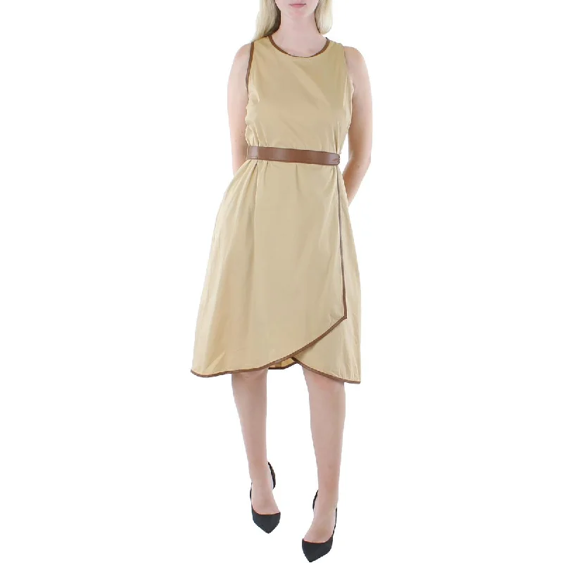 lightweight chiffon midi dressesWomens Faux Leather Trim Sleeveless Midi Dress