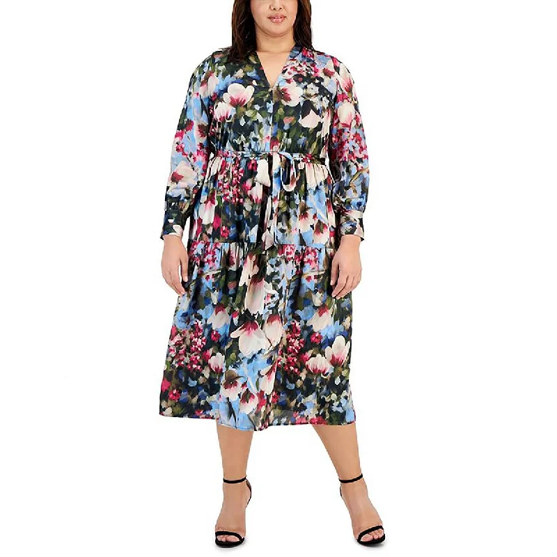 everyday midi dressesPlus Womens Satin Floral Midi Dress