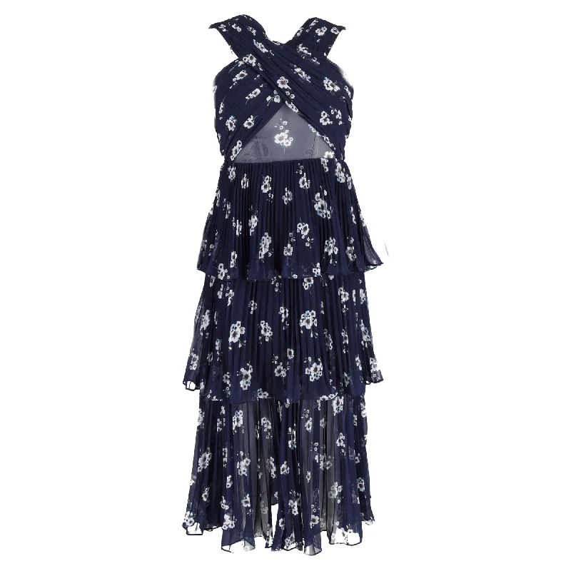 sequin midi dressesSelf-Portrait Floral Print Pleated Midi Layered Dress in Navy Blue Polyester