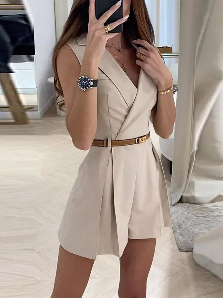 women's jumpsuits for date nightsWomen's Turn Down Collar Fashion Designer Belted Playsuit Rompers