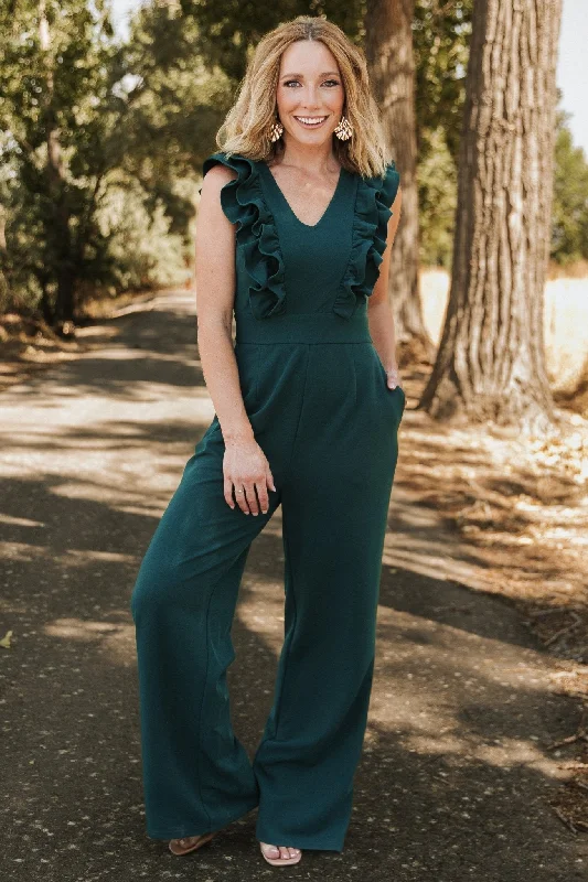 women's jumpsuits for bohemian chicDescanso Ruffle Jumpsuit | Dark Green