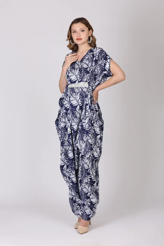 women's jumpsuits with metallic finishesWomen Blue Crepe Digital Print Jump Suit