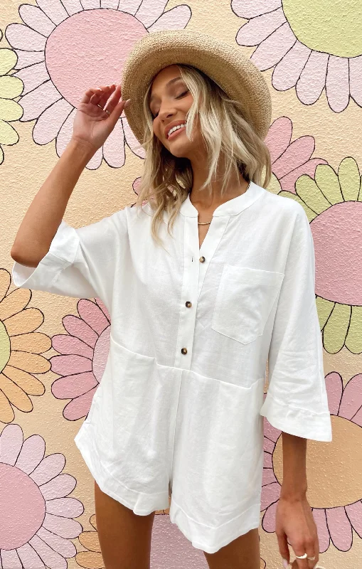 women's jumpsuits with short sleevesHorton Romper ~ White Linen