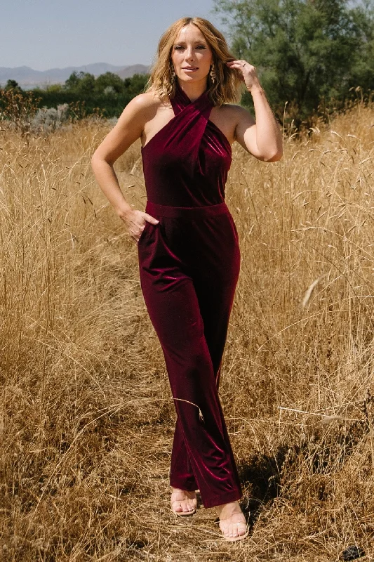 women's jumpsuits with checkered designsCleopatra Velvet Jumpsuit | Burgundy