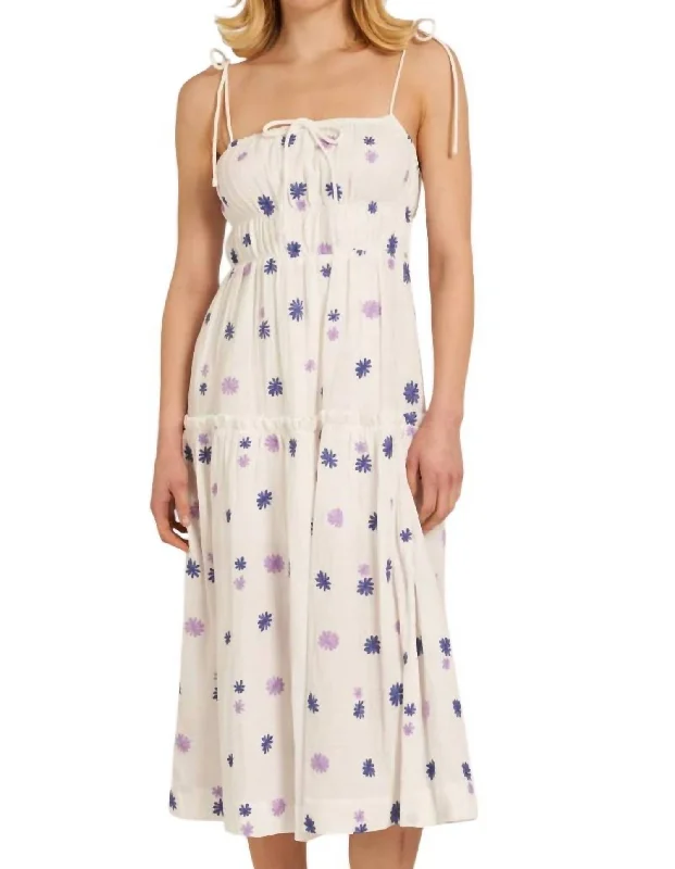 women's midi dressesSpaghetti Strap Midi Dress With Embroidered Flower Detail In White/navy/lavender