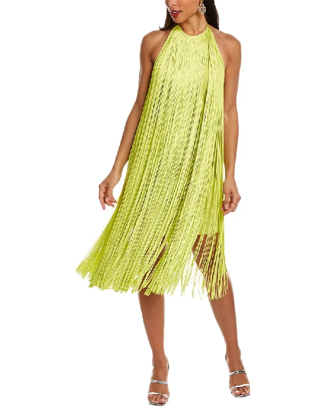 midi cocktail dressesHervé Léger Fringed Halter Midi Dress