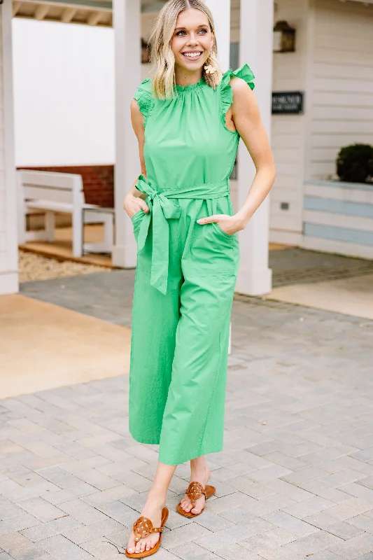 women's jumpsuits for formal eventsGo With Confidence Kelly Green Ruffled Jumpsuit