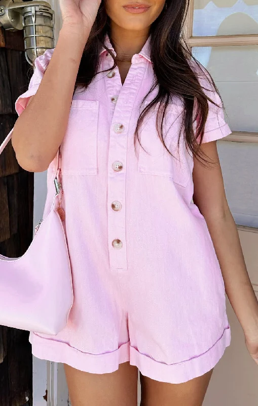 women's jumpsuits with spaghetti strapsRange Romper ~ Candy Pink Denim