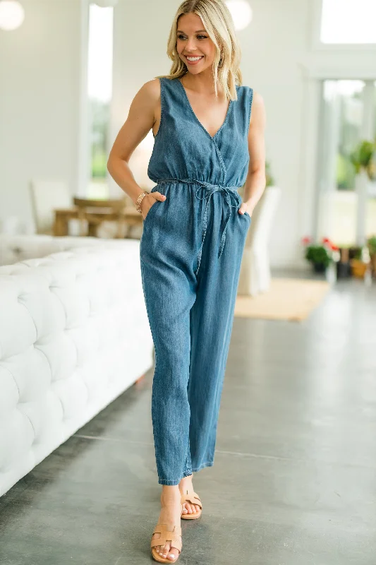 women's jumpsuits for business meetingsThink It Through Blue Chambray Jumpsuit