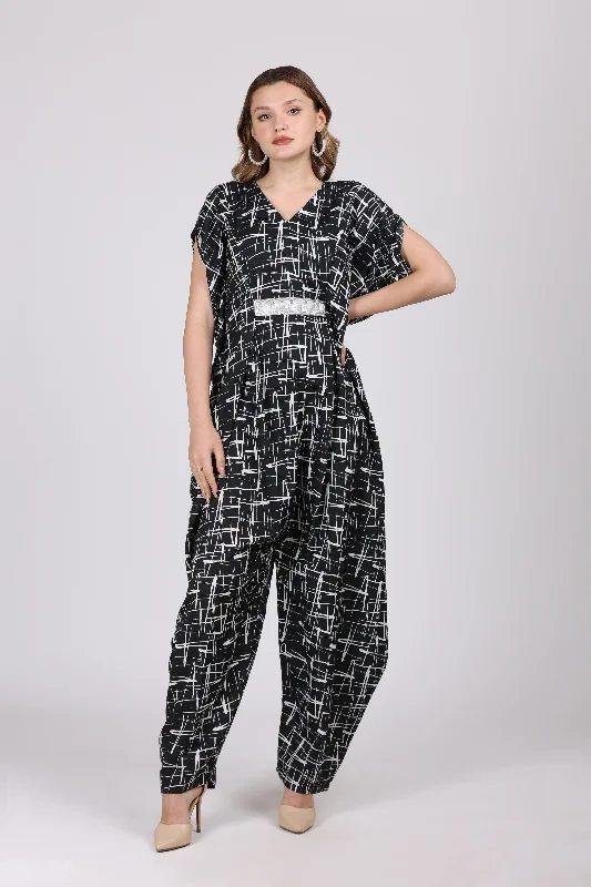 women's cropped jumpsuitsWomen Black Crepe Digital Print Jump Suit