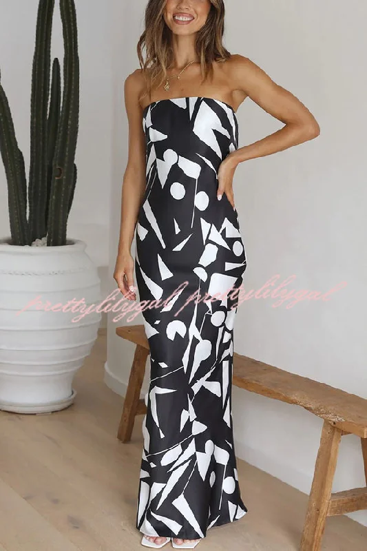 maxi dresses for black-tie eventsCassy Satin Geometric Print Off Shoulder Maxi Dress