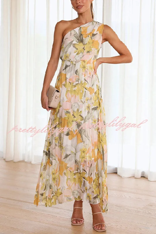 maxi dresses with flutter sleevesSaw An Angel Floral One Shoulder Elastic Waist Pleated Maxi Dress