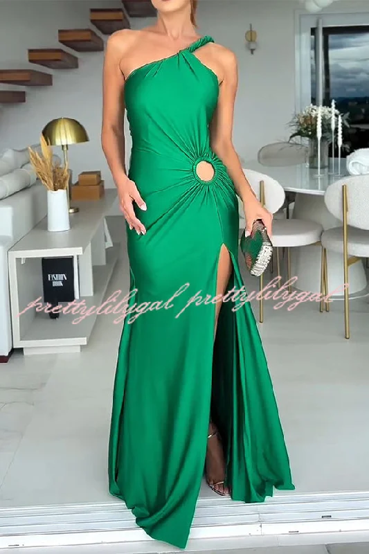 maxi dresses for tall womenErmia Satin Twist Ruched One Shoulder Cutout Detail Slit Maxi Dress