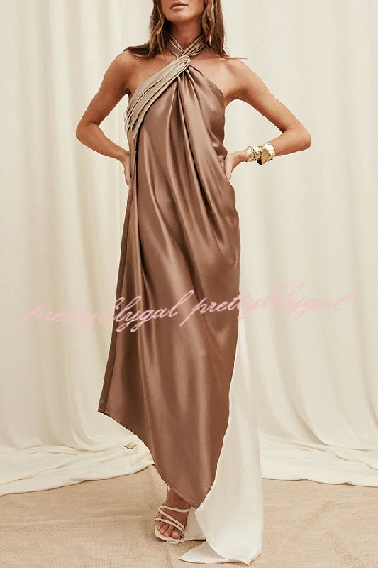 maxi dresses with adjustable strapsElegant Whisper Satin Colorblock Halter Asymmetrical Hem Drape Maxi Dress