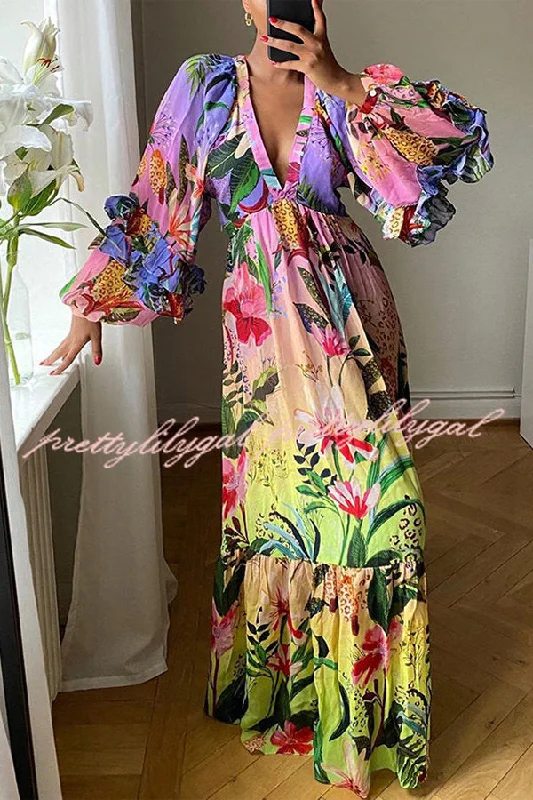 maxi dresses with short sleevesJessy Tropical Print Tiered Ruffle Balloon Sleeve Vacation Maxi Dress