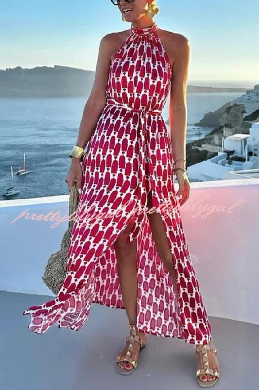 maxi dresses for womenUnique Printed Sleeveless Halterneck Tie-waist Slit Maxi Dress