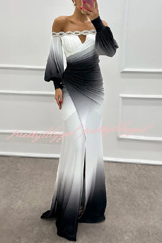 maxi dresses for partiesJulieta Gradient Print Boat Neck Off Shoulder Gem Detail Slit Gown Maxi Dress