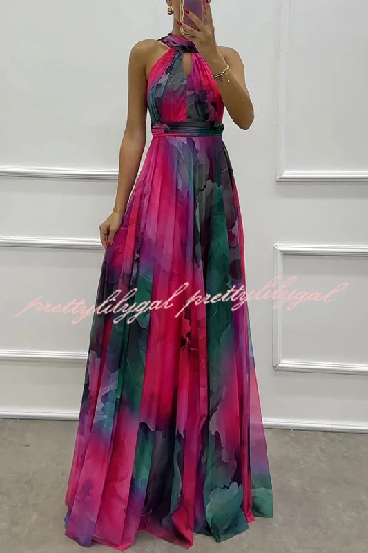 maxi dresses with sleevesElaine Tulle Floral Splash Print Cutout Halter Tie-up Neck Gown Maxi Dress