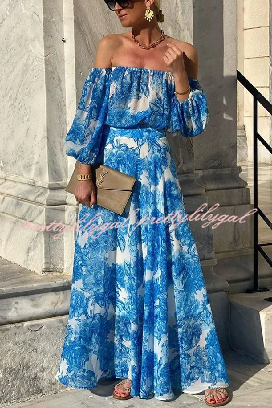 chiffon maxi dressesBali Breeze Floral Off Shoulder Elastic Waist Vacation Maxi Dress