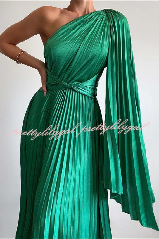 maxi dresses for layeringKeira One Shoulder Pleated Satin Maxi Dress