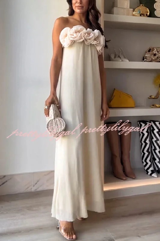 maxi dresses for petite womenBlooming Chic Flower Applique Elastic Off Shoulder Strapless Maxi Dress