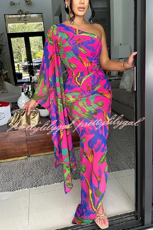 maxi dresses for black-tie eventsColorful Printed One-sleeve Slim-fitting Slit Maxi Dress