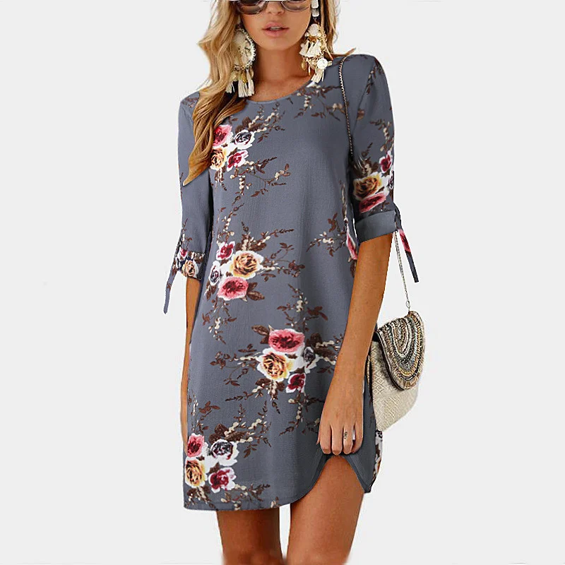 romantic maxi Mimi dresses for date nightsWomen Summer Dress Boho Style Floral Print Chiffon Dress Tunic Sundress Loose Mini Party Dress