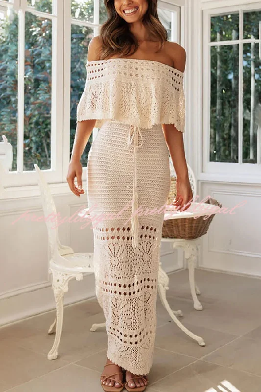 maxi dresses with appliquésJolene Knit Crochet Texture Off Shoulder Drawstring Waist Maxi Dresses