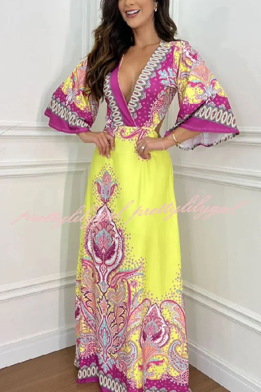 maxi dresses for bridesmaidsStand Out and Shine Palace Style Print Bell Sleeve Backless Vacation Maxi Dress