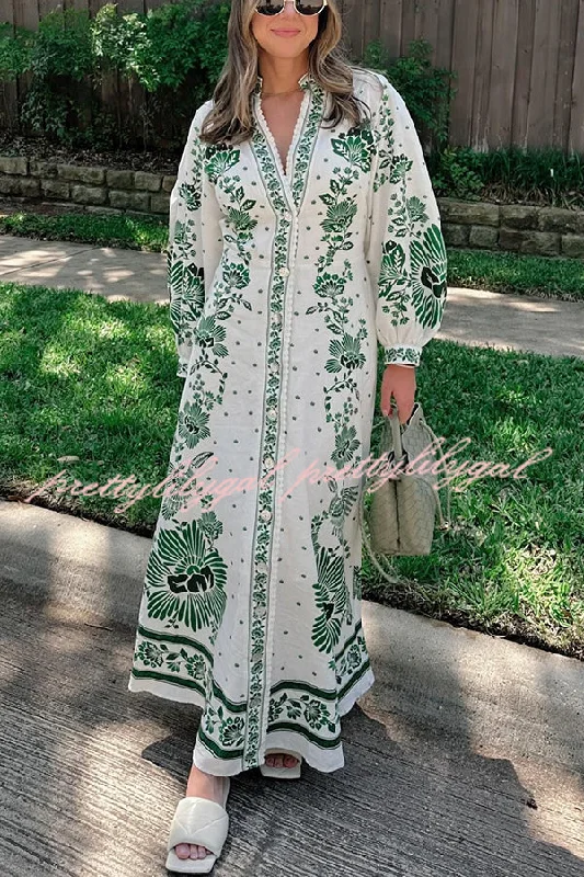 maxi dresses for destination weddingsForest Soul Unique Print Button Down Long Sleeve Shirt Maxi Dress