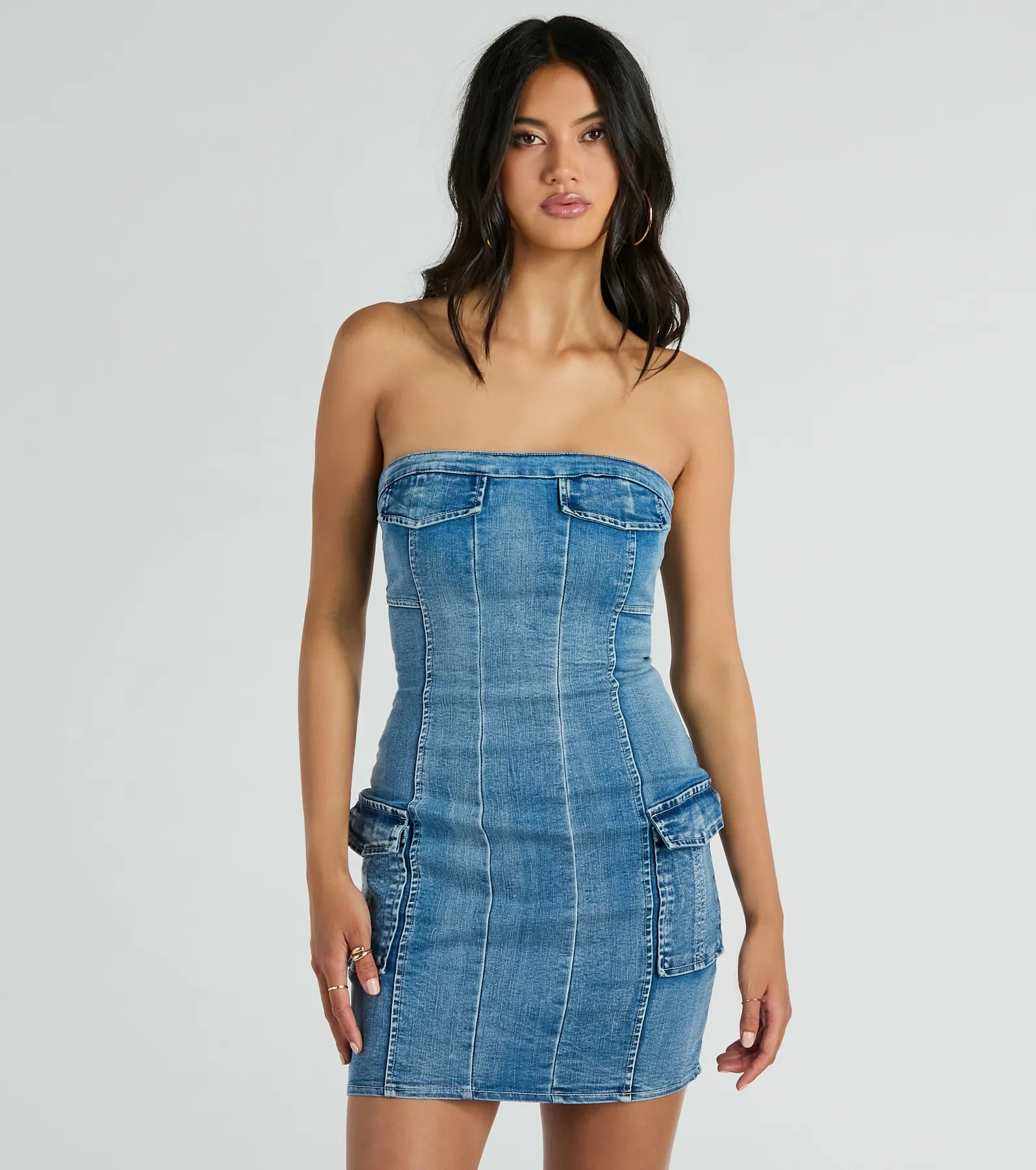 wrap Mimi dresses for an hourglass figureTrendy Girl Next Door Strapless Denim Mini Dress