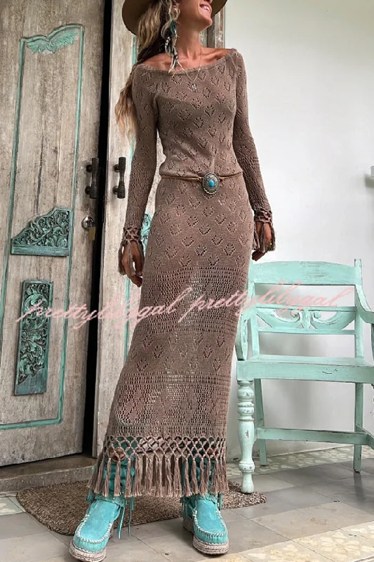 cotton maxi dressesBailey Knit Long Sleeve Pattern Hollow Out Tassel Trim Maxi Dress