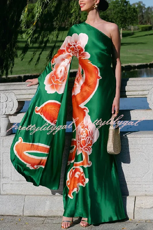 maxi dresses under $50Elegance and Grace Satin Dragon Print One Shoulder Drape Sleeve Maxi Dress