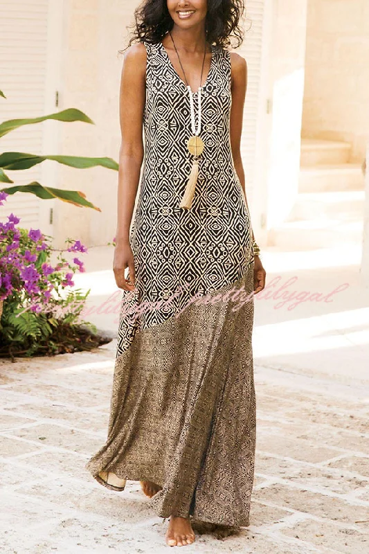 maxi dresses with cinched waistsElegant and Unique Printed V Neck Maxi Dress