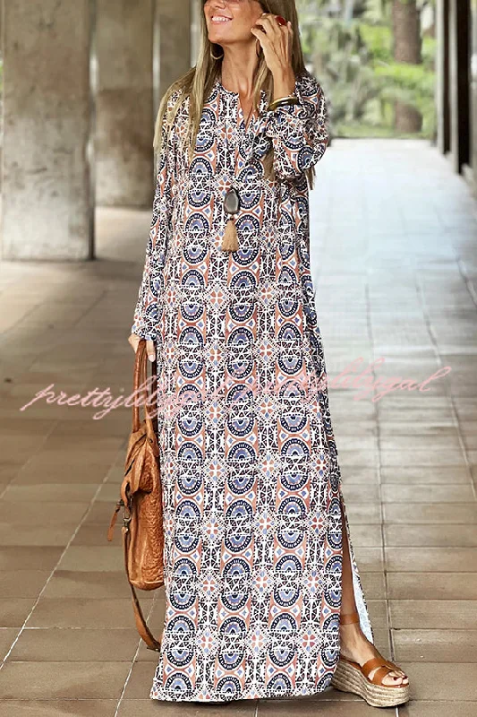 maxi dresses for breastfeeding mothersUnique Printed Long Sleeve V-neck Loose Maxi Dress