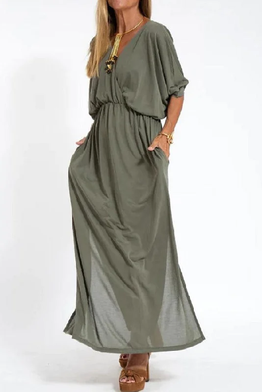 maxi dresses for day-to-night wearUltimate Comfort Elastic Waist Half Sleeve Pocketed Slit Maxi Dress