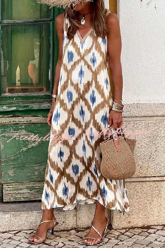 maxi dresses with cold-shoulder cutsIrregular Print Elastic Waist V Neck Slit Maxi Dress