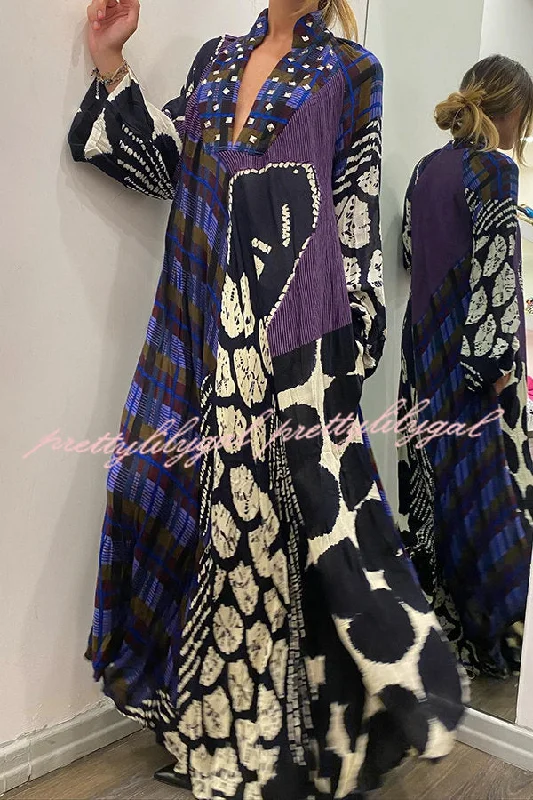 maxi dresses with rufflesCreative Colorblock Print Long Sleeve Pocketed Shirt Maxi Dress