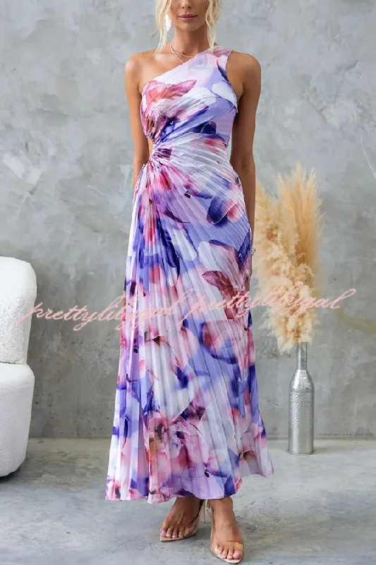 maxi dresses with hidden pocketsLaken Floral Print One Shoulder Adjustable Tie Cutout Pleated Maxi Dress