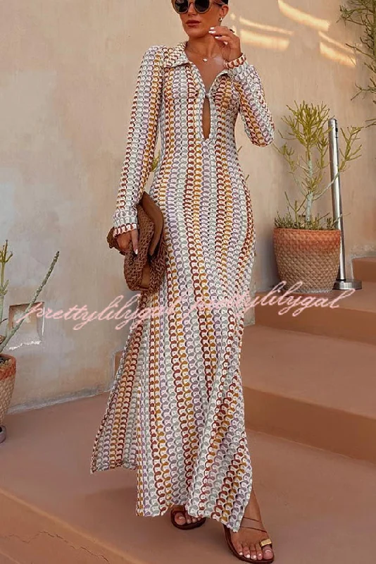 floral print maxi dressesBondi Beach Knit Colorful Wave Print Long Sleeve Vacation Maxi Dress